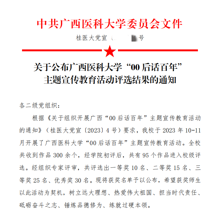 喜讯：我院在广西医科大学“00后话百年”主题宣传教育活动中荣获多个奖项
